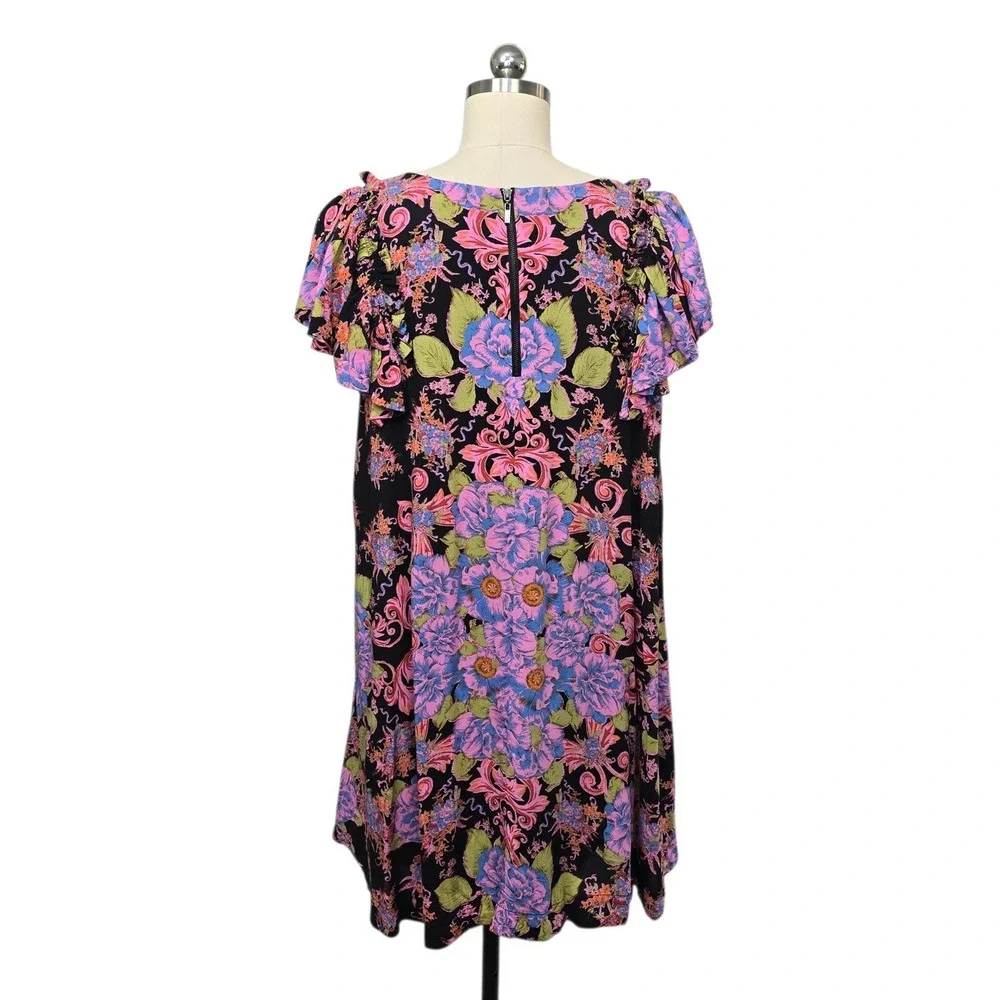 Free People Floral Paisley Ruffle Sleeve Mini Dress Black Pink Size Small